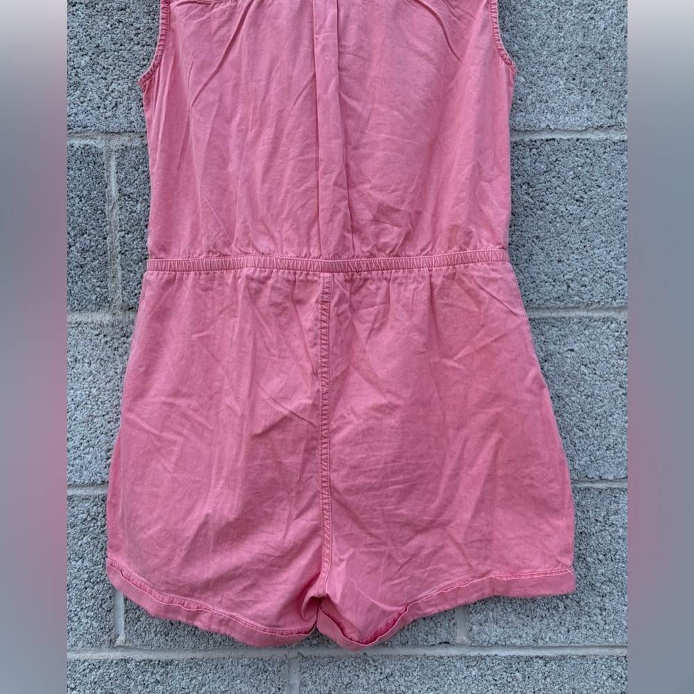 PACT Chambray Romper Size Small Pink Organic Cotton Elastic Waist Pockets Collar - Picture 7 of 14